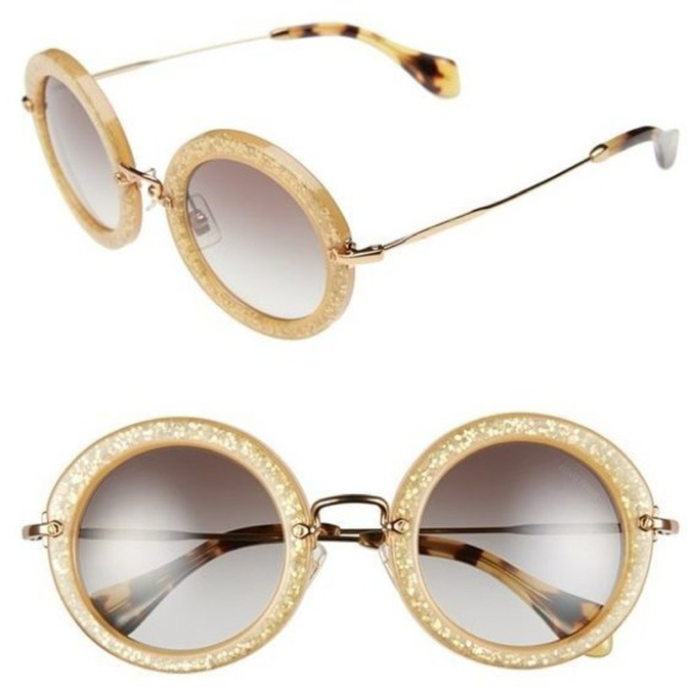 Miu Miu GOLD GLITTER round sunglasses Pink Velvet Case